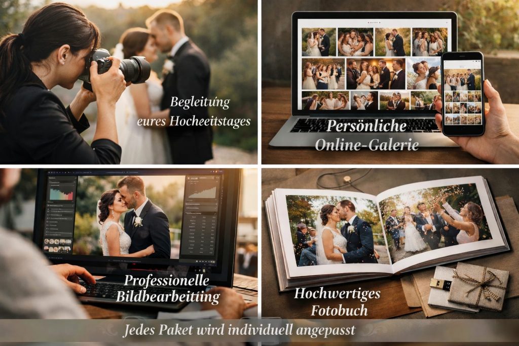 Hochzeitsfotografie Preis Paket Magdeburg: Ganztagsreportage, Begleitung des Hochzeitstages, persönliche Online-Galerie, professionelle Bildbearbeitung, hochwertiges Fotobuch, individuell angepasst
